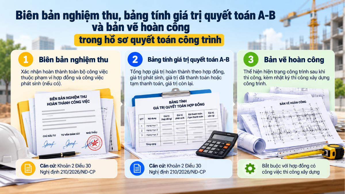 Biên bản nghiệm thu, bảng tính giá trị quyết toán A-B và bản vẽ hoàn công trong hồ sơ quyết toán