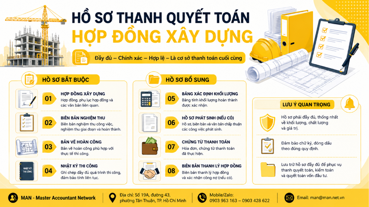 Hồ sơ thanh quyết toán hợp đồng xây dựng gồm hợp đồng, biên bản nghiệm thu và bản vẽ hoàn công