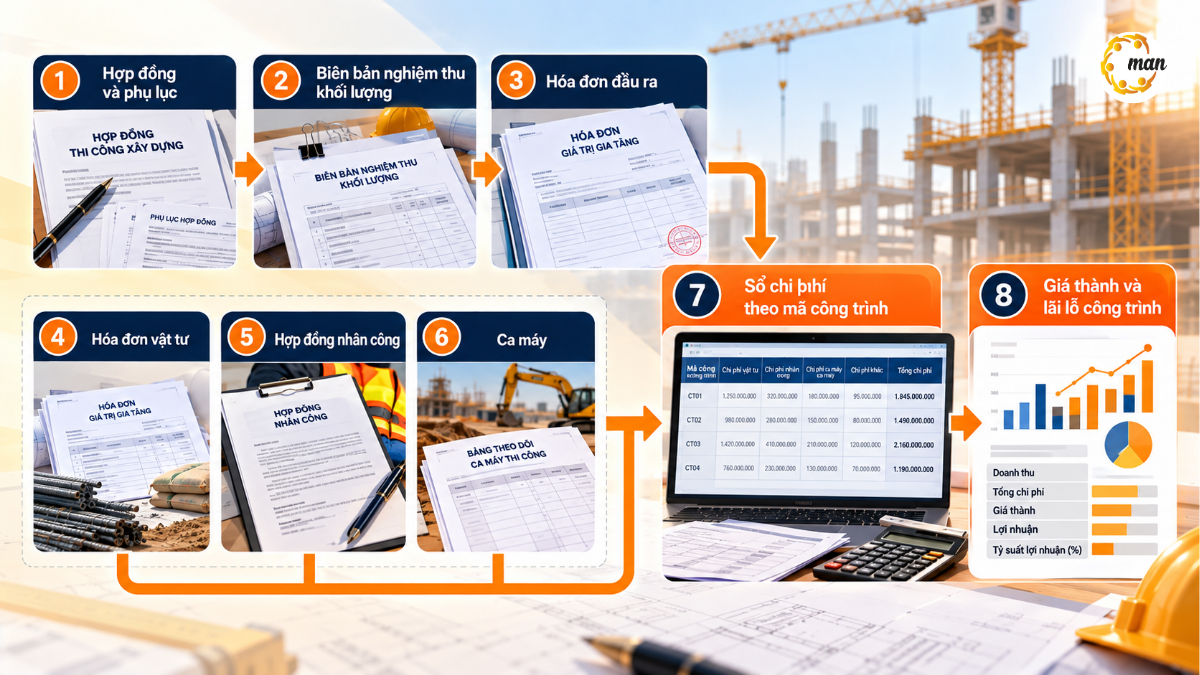 Luồng chứng từ trong dịch vụ kế toán xây dựng từ hợp đồng đến giá thành công trình